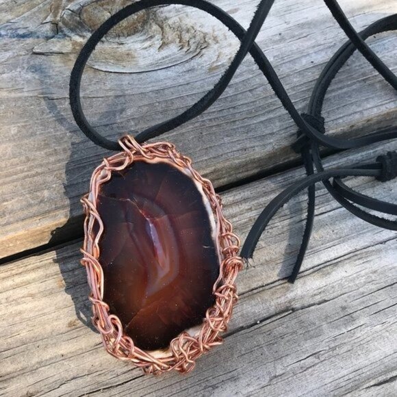 Pendant Agate Sard Copper Tribal Leather Carnelian Unisex Rustic Burning Man - Picture 5 of 10